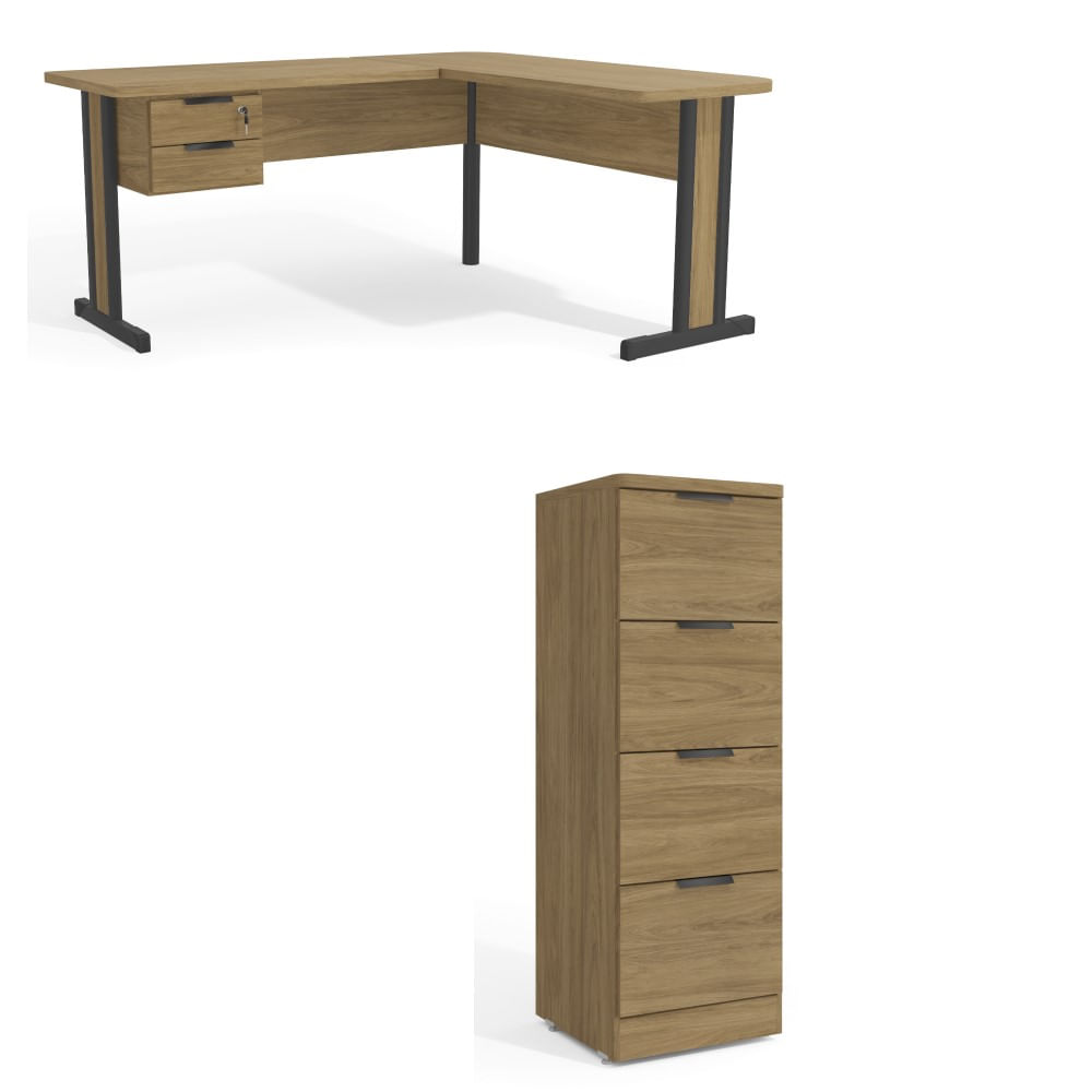 Conjunto Escritório 1 Mesa em L e 1 Gaveteiro Kappesberg Office Versátil Marrom