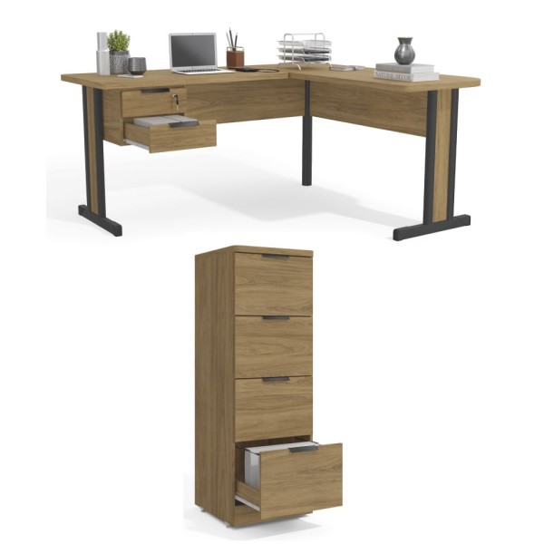 Encontraproduto.com.br - Conjunto Escritório 1 Mesa em L e 1 Gaveteiro Kappesberg Office Versátil Marrom