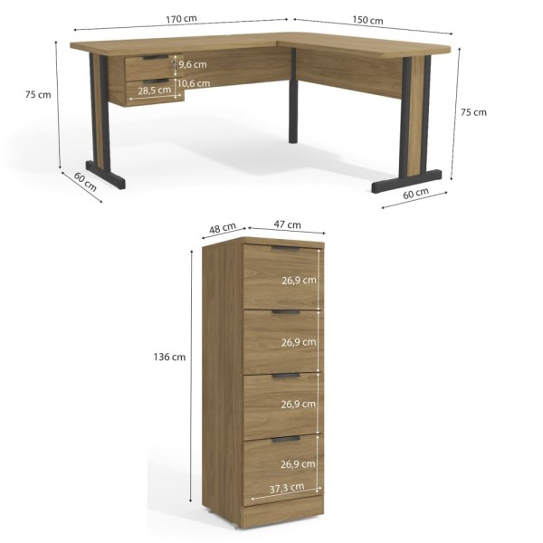 Encontraproduto.com.br - Conjunto Escritório 1 Mesa em L e 1 Gaveteiro Kappesberg Office Versátil Marrom