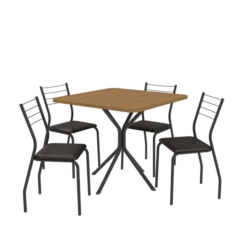 Conjunto Sala de Jantar 4 Cadeiras Mesa Tampo de Madeira Kappesberg Crome Preto Fosco/Canela
