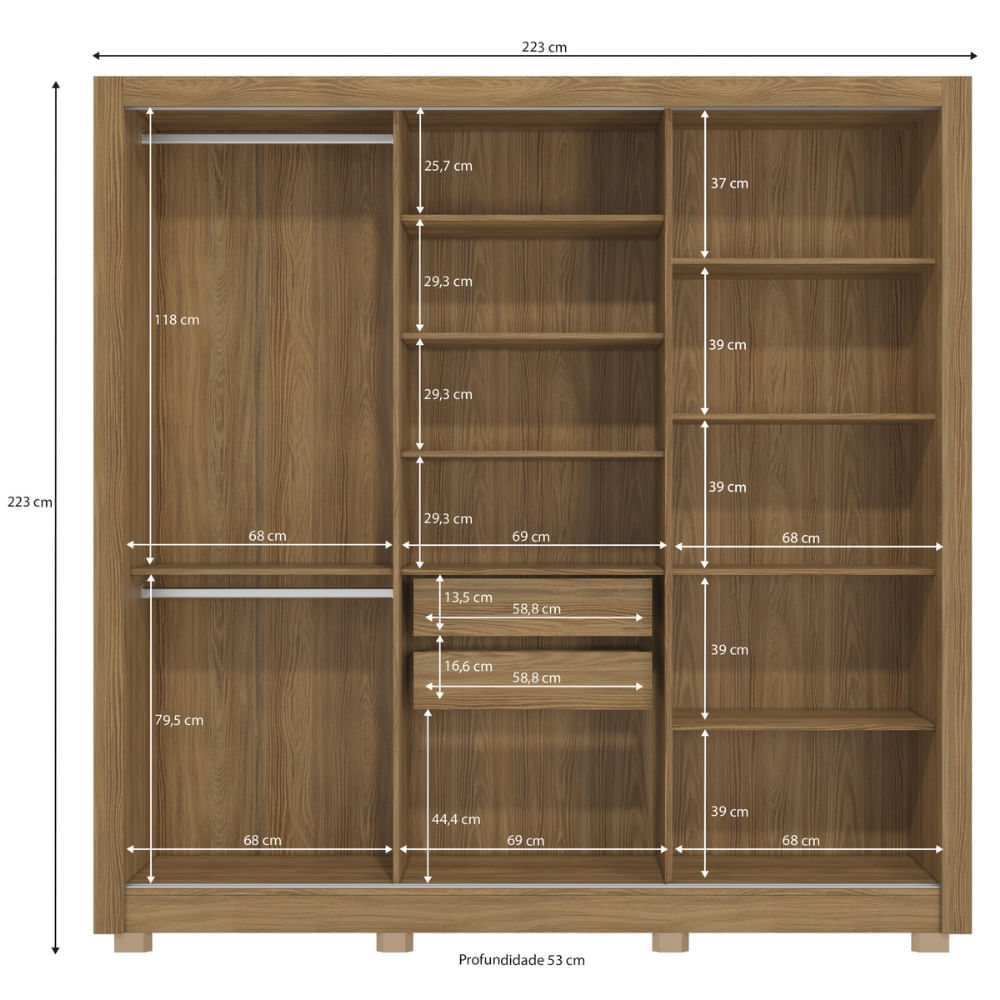 Encontraproduto.com.br - Guarda-Roupa Casal CB07M570 3 Portas e 2 Gavetas com Pés e Espelhos Kappesberg - Nogueira/Fendi Flex