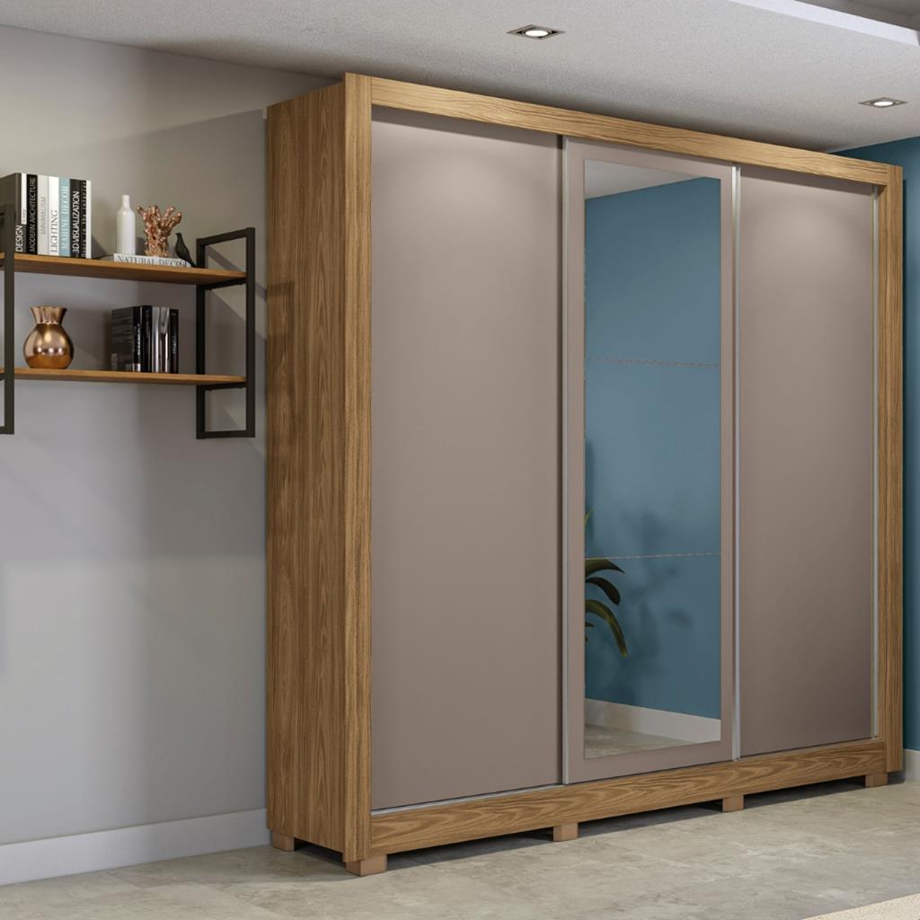 Encontraproduto.com.br - Guarda-Roupa Casal CB07M570 3 Portas e 2 Gavetas com Pés e Espelhos Kappesberg - Nogueira/Fendi Flex