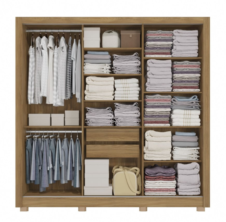 Encontraproduto.com.br - Guarda-Roupa Casal CB07M570 3 Portas e 2 Gavetas com Pés e Espelhos Kappesberg - Nogueira/Fendi Flex