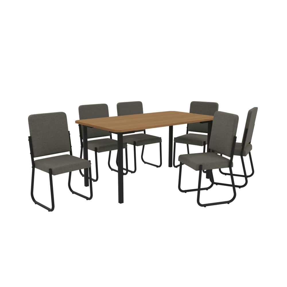 Conjunto Sala de Jantar 6 Cadeiras Mesa Tampo de Madeira Kappesberg Crome Linho Mescla Chumbo/Preto