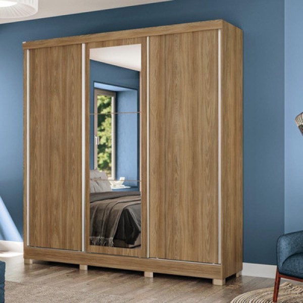 Guarda-roupa Casal Kappesberg 3 Portas Reversiveis De Correr 3 Espelhos 2 Prateleiras Nogueira
