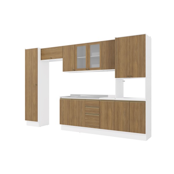 Encontraproduto.com.br - Cozinha Modulada Celeste Kappesberg 100% Mdf Branco/nogueira/vidro 360cm