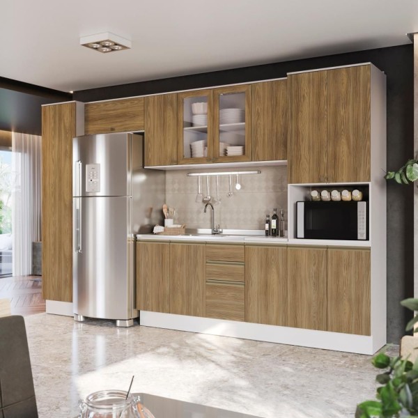 Cozinha Modulada Celeste Kappesberg 100% Mdf Branco/nogueira/vidro 360cm