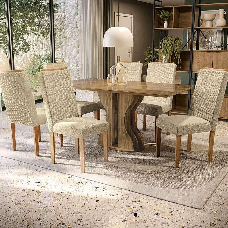 Conjunto de Mesa de Jantar Retangular com Tampo de Vidro e 6 Cadeiras Karin Bouclé Bege e Nogueira