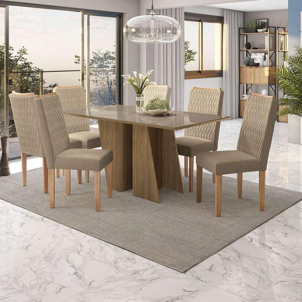 Conjunto de Mesa de Jantar Retangular com Tampo de Vidro e 6 Cadeiras Léa Bouclé Marrom e Nogueira