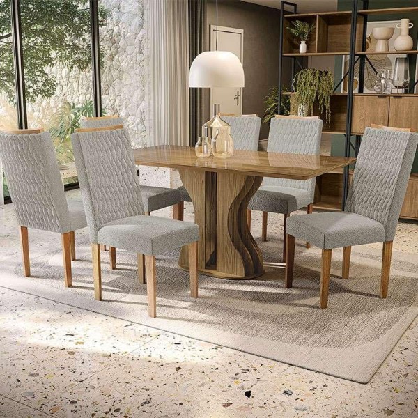 Encontraproduto.com.br - Conjunto de Mesa de Jantar Retangular com Tampo de Vidro e 6 Cadeiras Karin Linho Cinza e Nogueira