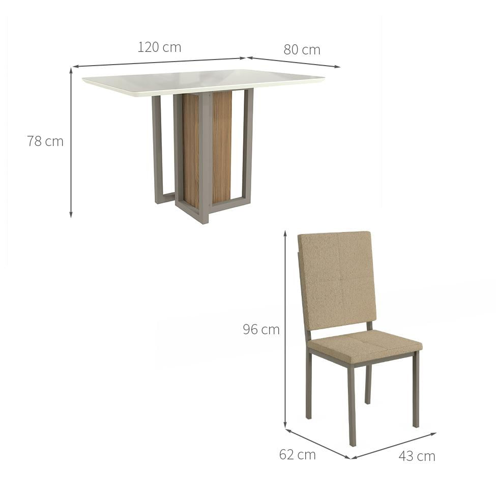 Conjunto de Mesa de Jantar Retangular com Tampo de Vidro e 4 Cadeiras Madalena Bouclé Bege e Nickel