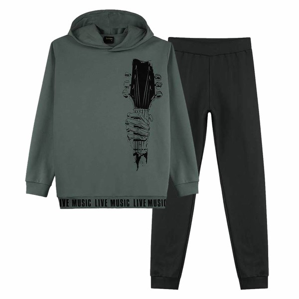 Encontraproduto.com.br - Conjunto Meninos Moletom Peluciado Blusão com Capuz Verde e Calça Preta