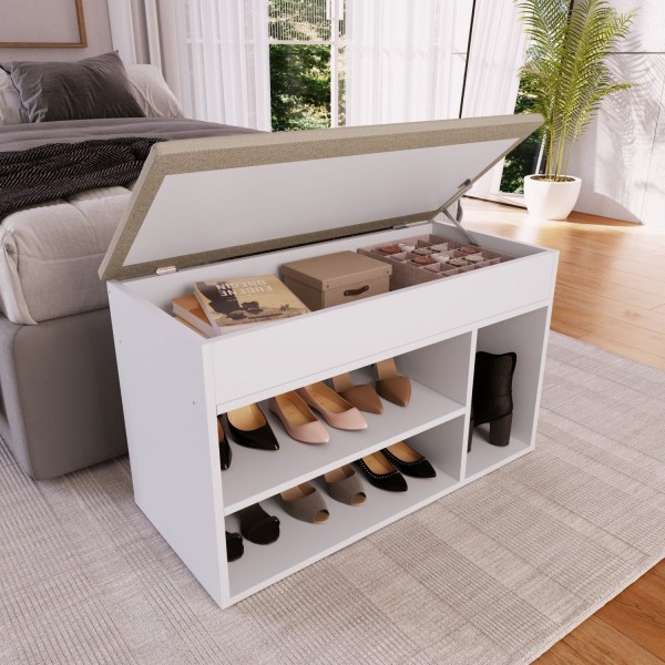 Encontraproduto.com.br - Sapateira Baú com Tampo Estofado Branco