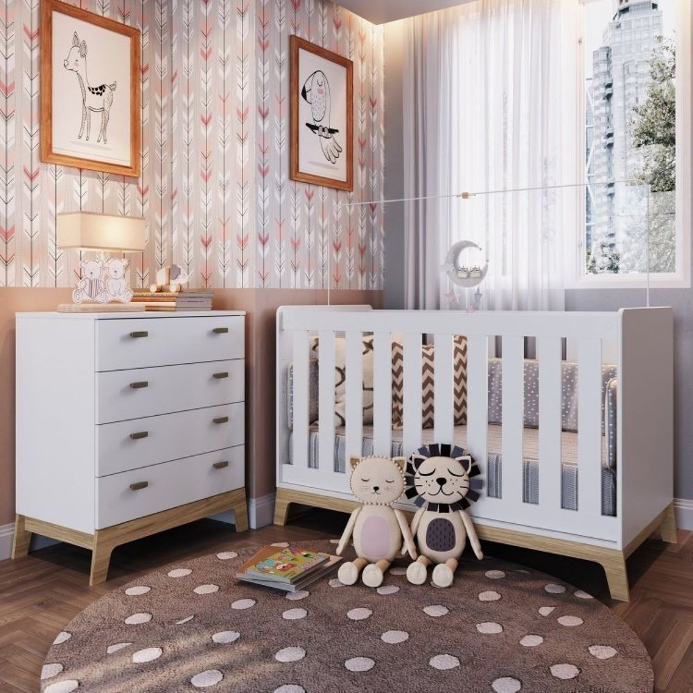 Quarto De Bebê Com Berço 3 Em 1 86X136,6X68Cm E Cômoda 4 Gavetas Favo De Mel Completa Móveis Branco