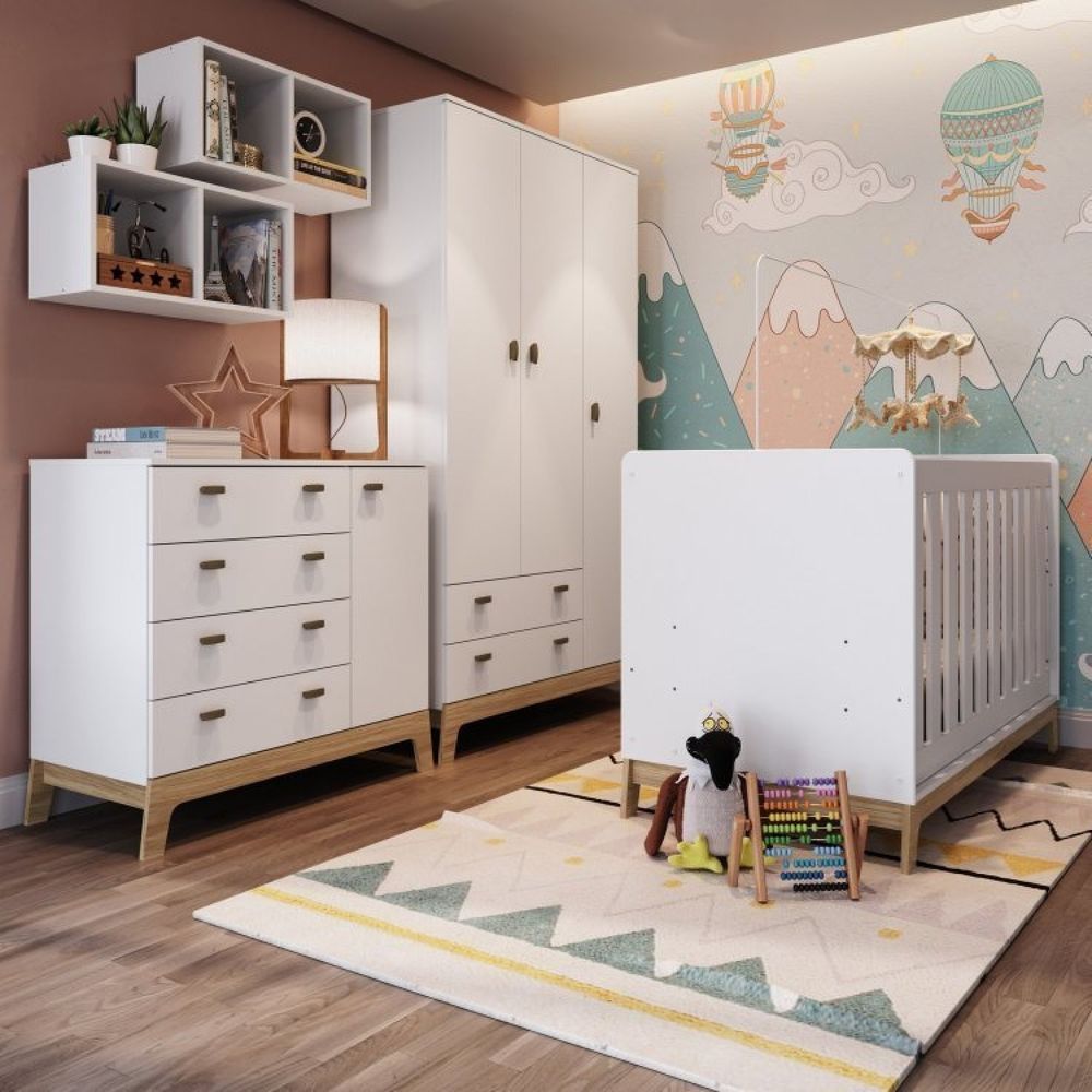 Quarto De Bebê Com Berço 3 Em 1 Cômoda Guarda Roupas e Nichos Duplos Favo De Mel Branco