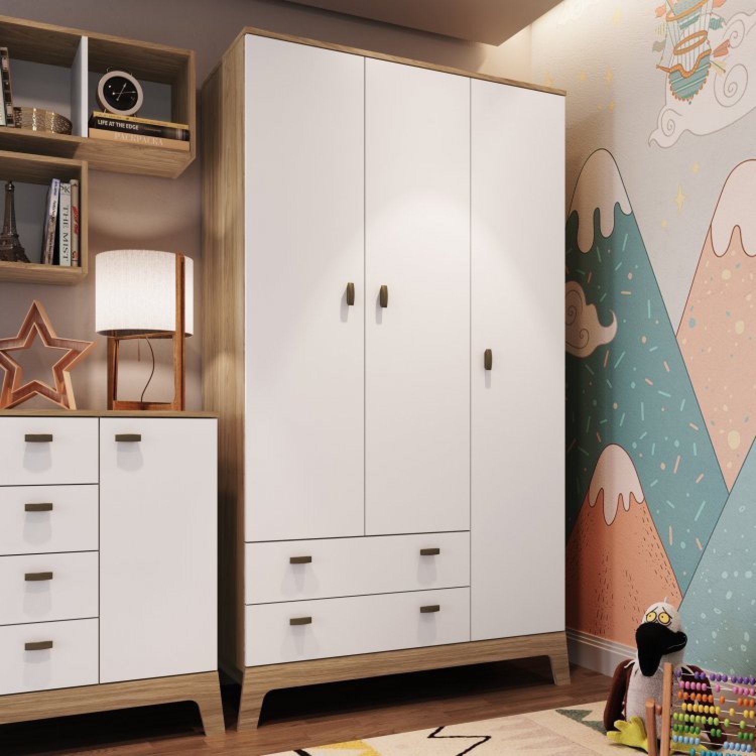 Encontraproduto.com.br - Quarto De Bebê Com Berço 3 Em 1 Cômoda Guarda Roupas e Nichos Duplos Favo De Mel Itapuã/Branco