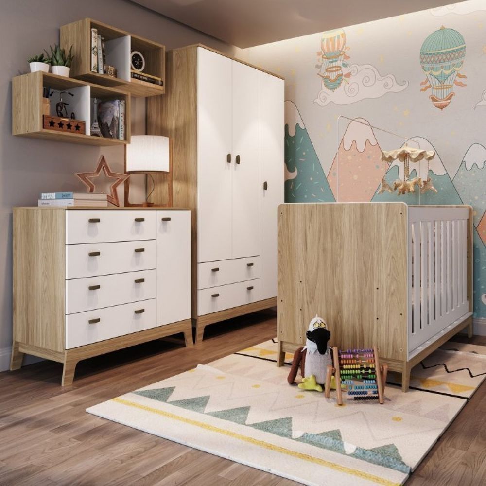 Quarto De Bebê Com Berço 3 Em 1 Cômoda Guarda Roupas e Nichos Duplos Favo De Mel Itapuã/Branco