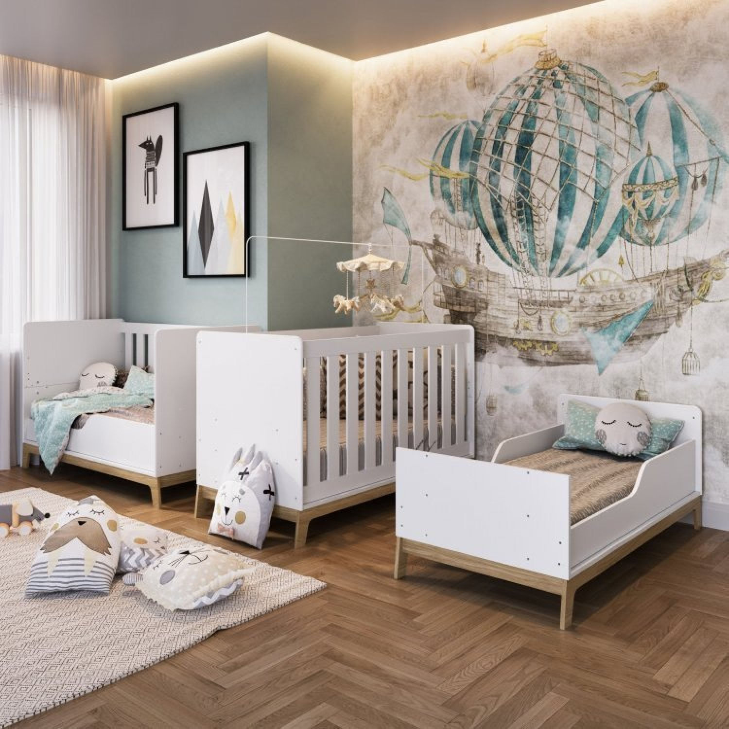 Encontraproduto.com.br - Quarto De Bebê Com Berço Cômoda Estante Com Nichos e Caixa De Brinquedos Favo De Mel Branco