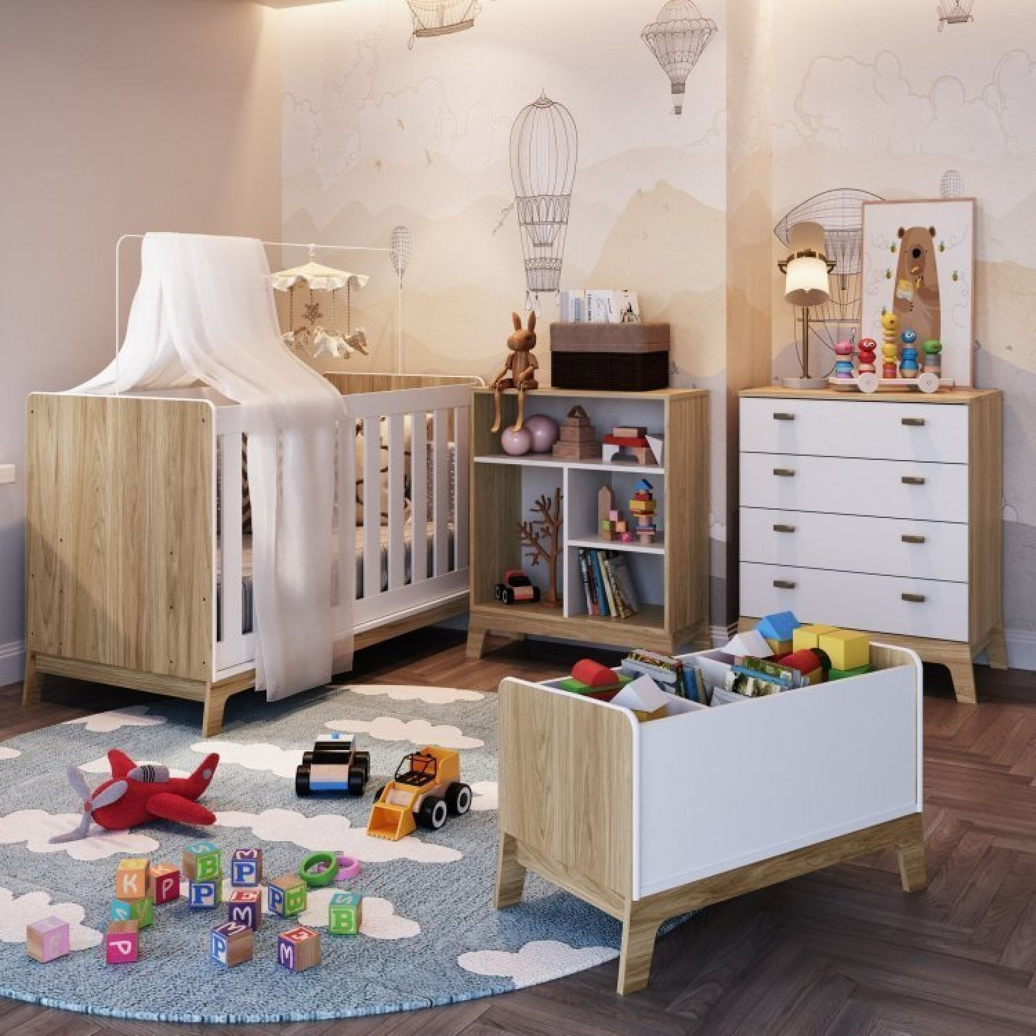 Encontraproduto.com.br - Quarto De Bebê Com Berço Cômoda Estante Com Nichos e Caixa De Brinquedos Favo De Mel Itapuã/Branco