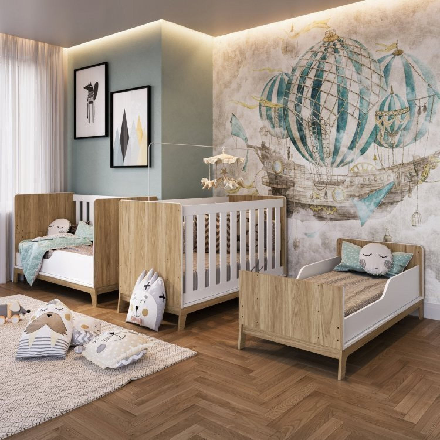 Encontraproduto.com.br - Quarto De Bebê Com Berço Cômoda Estante Com Nichos e Caixa De Brinquedos Favo De Mel Itapuã/Branco