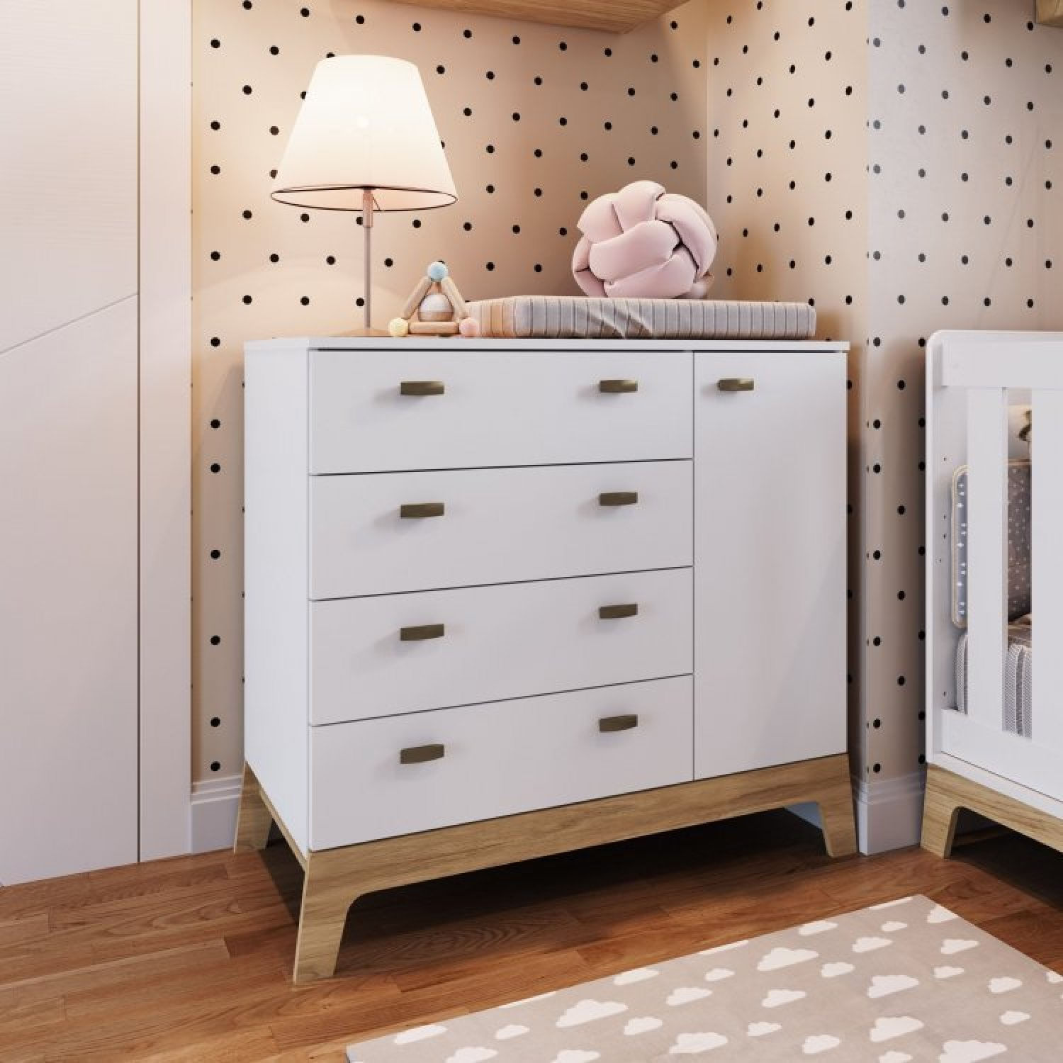 Encontraproduto.com.br - Quarto De Bebê 3 Peças Com Berço 3 Em 1 Cômoda e Estante Com 6 Nichos Favo De Mel Itapuã/Branco