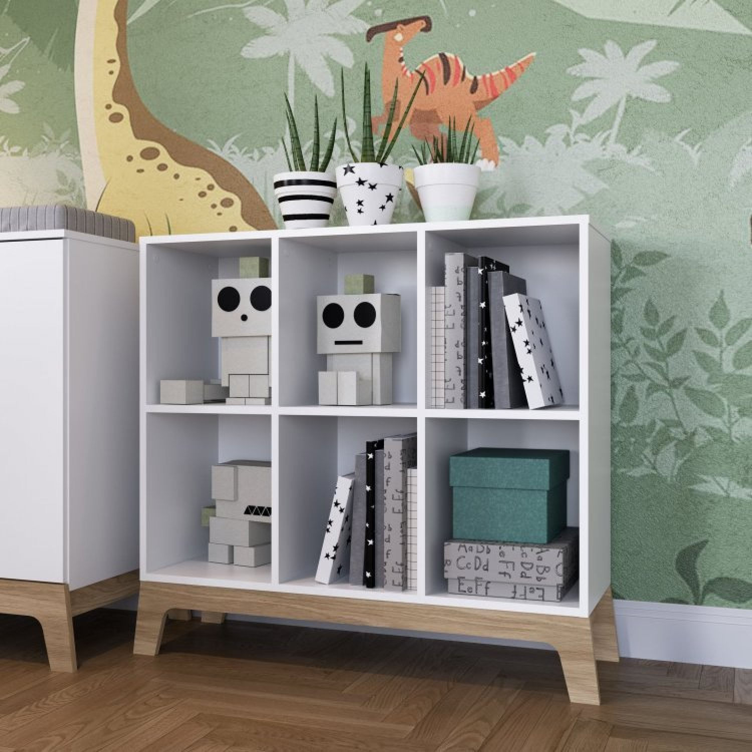 Encontraproduto.com.br - Quarto De Bebê 3 Peças Com Berço 3 Em 1 Cômoda e Estante Com 6 Nichos Favo De Mel Itapuã/Branco