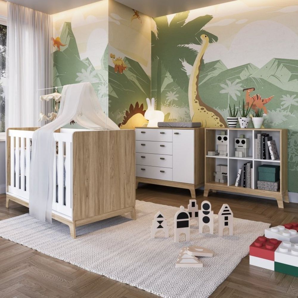 Quarto De Bebê 3 Peças Com Berço 3 Em 1 Cômoda e Estante Com 6 Nichos Favo De Mel Itapuã/Branco
