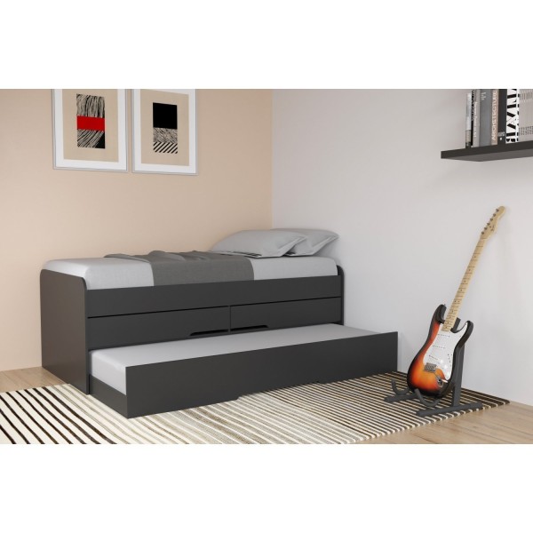 Encontraproduto.com.br - Cama Juvenil Solteiro com Auxiliar e 2 Gavetas Juliette Robel Móveis Preto Fosco