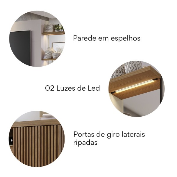 Encontraproduto.com.br - Estante Home para TV até 70 Polegadas Espelhado 3 Portas 2 Prateleiras 2 Nichos com LED Niteroi Coli Freijó/Off White/Preto Fosco