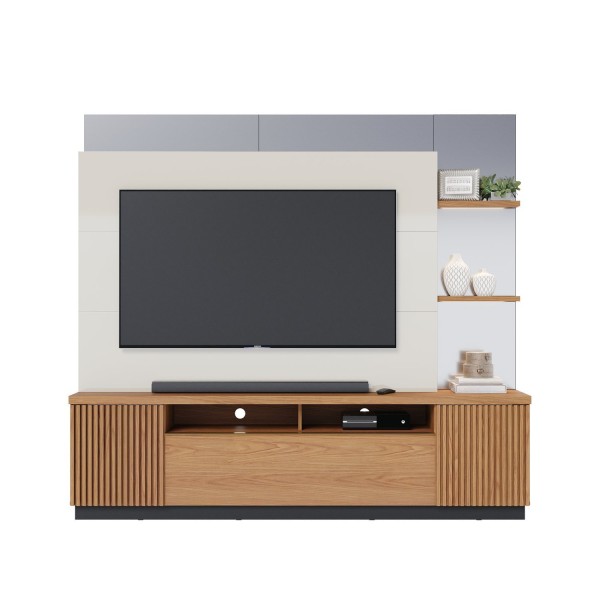 Encontraproduto.com.br - Estante Home para TV até 70 Polegadas Espelhado 3 Portas 2 Prateleiras 2 Nichos com LED Niteroi Coli Freijó/Off White/Preto Fosco