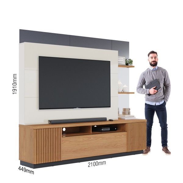 Encontraproduto.com.br - Estante Home para TV até 70 Polegadas Espelhado 3 Portas 2 Prateleiras 2 Nichos com LED Niteroi Coli Freijó/Off White/Preto Fosco