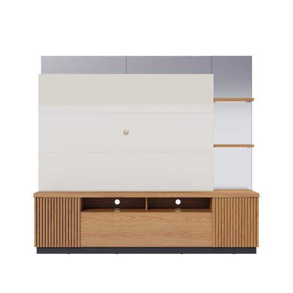 Encontraproduto.com.br - Estante Home para TV até 70 Polegadas Espelhado 3 Portas 2 Prateleiras 2 Nichos com LED Niteroi Coli Freijó/Off White/Preto Fosco