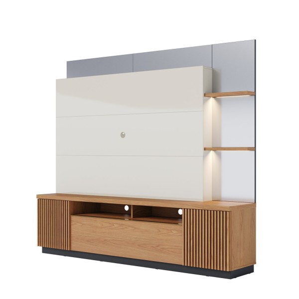 Encontraproduto.com.br - Estante Home para TV até 70 Polegadas Espelhado 3 Portas 2 Prateleiras 2 Nichos com LED Niteroi Coli Freijó/Off White/Preto Fosco