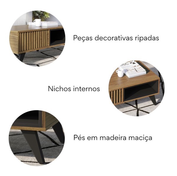 Encontraproduto.com.br - Mesa de Centro Retangular 1 Nicho Jeri  Móveis Noce Milano/Preto Fosco