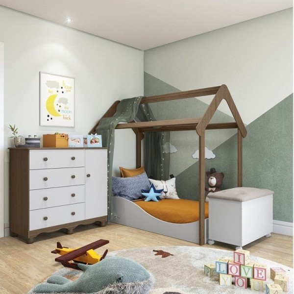 Quarto Infantil com 1 Minicama Montessoriana 1 Cômoda 4 Gavetas 1 Baú com Tampo Espresso Móveis Branco/Carvalho