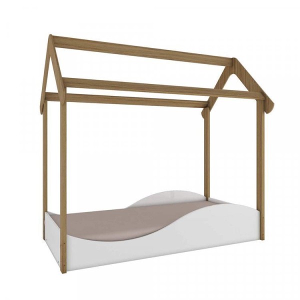 Encontraproduto.com.br - Quarto Infantil com 1 Minicama Montessoriana e Prateleira Vertical Retrô Móveis Peroba Branco/Carvalho