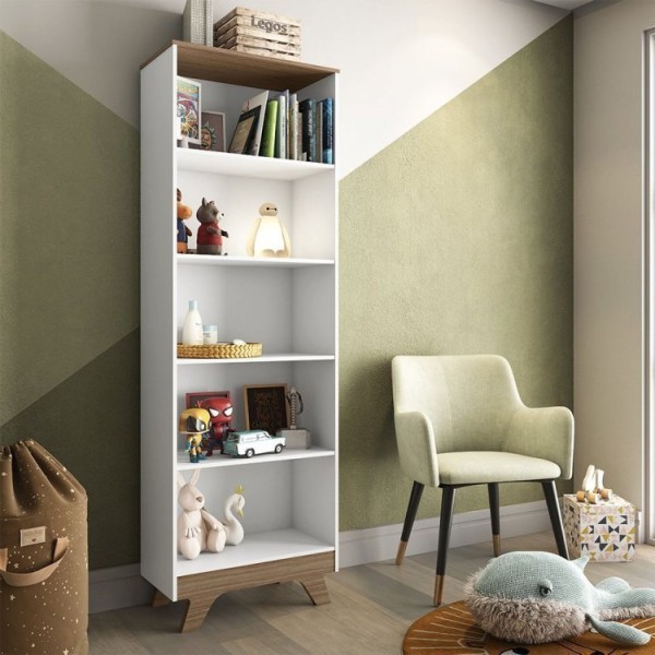 Encontraproduto.com.br - Quarto Infantil com 1 Minicama Montessoriana e Prateleira Vertical Retrô Móveis Peroba Branco/Carvalho