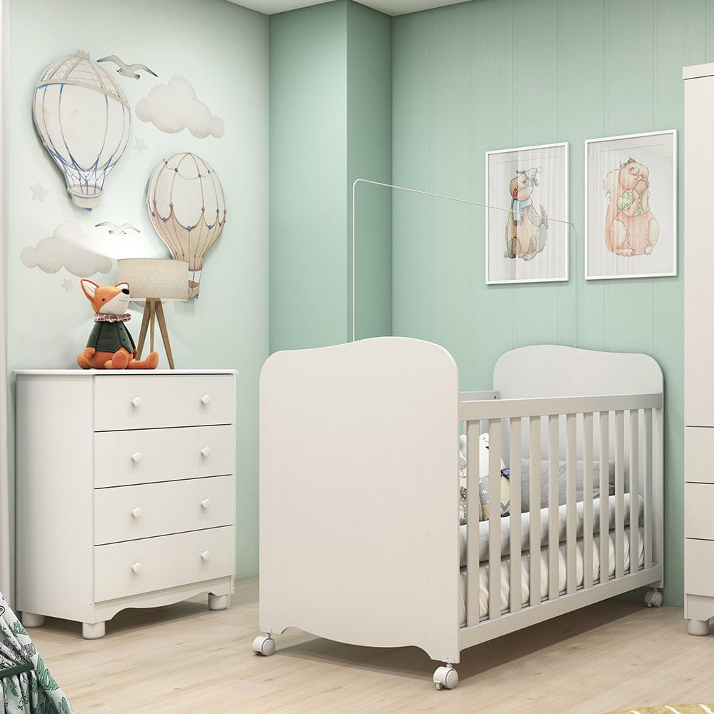 Quarto de Bebê com Berço e Cômoda 4 Gavetas 100% MDF Mimo Branco Brilho