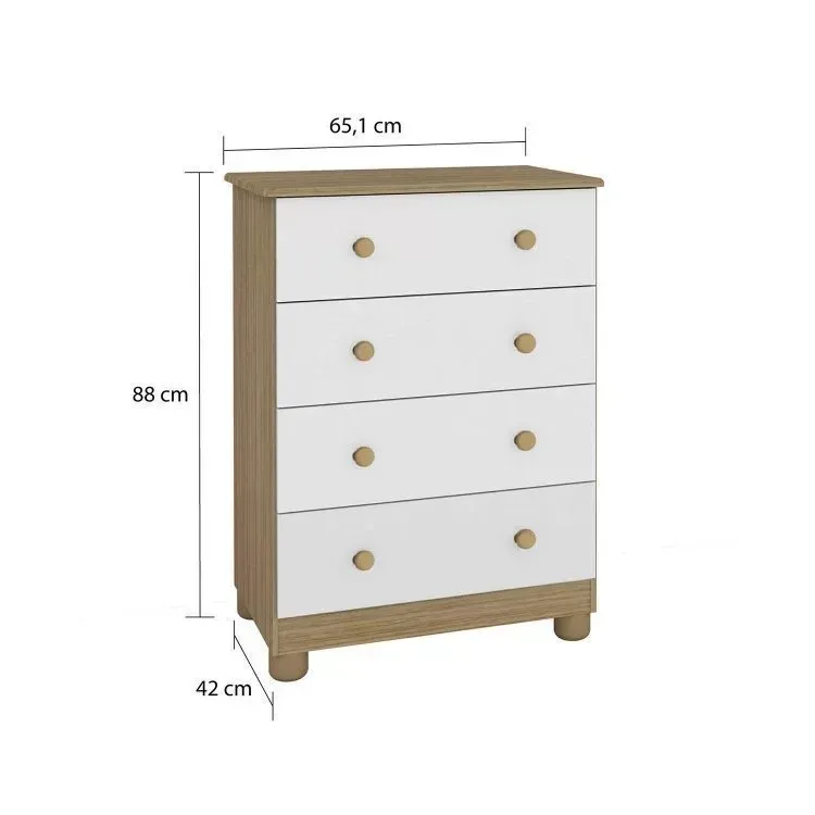 Quarto de Bebê com Berço e Cômoda 4 Gavetas 100% MDF Mimo Branco Brilho/Carvalho