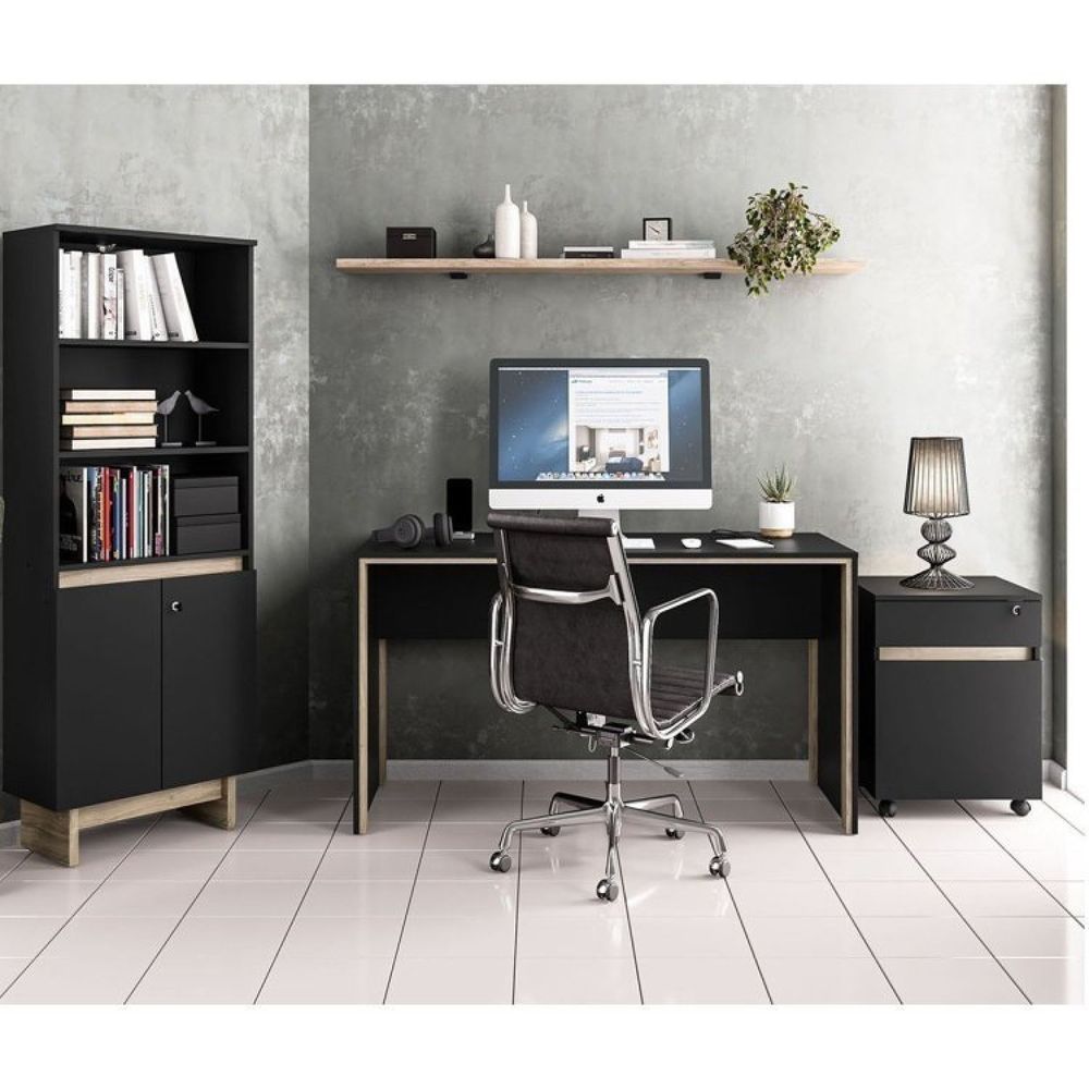 Conjunto Office 1 Mesa 135Cm 1 Estante 1 Gaveteiro Preto