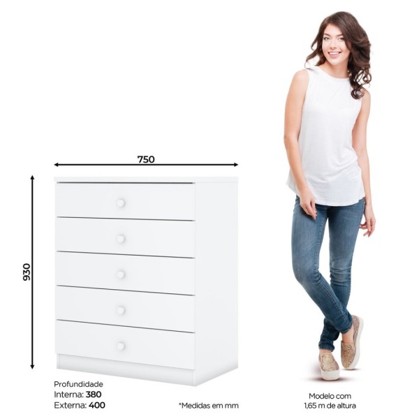 Encontraproduto.com.br - Cômoda Infantil 5 Gavetas Bala de Menta Henn Branco
