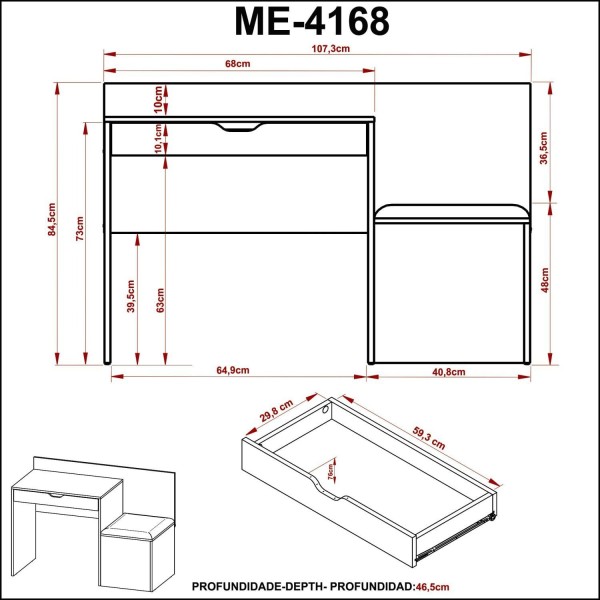 Encontraproduto.com.br - Escrivaninha 1 Gaveta com Puff Lateral 107,3x46,5cm ME4168 Nogal