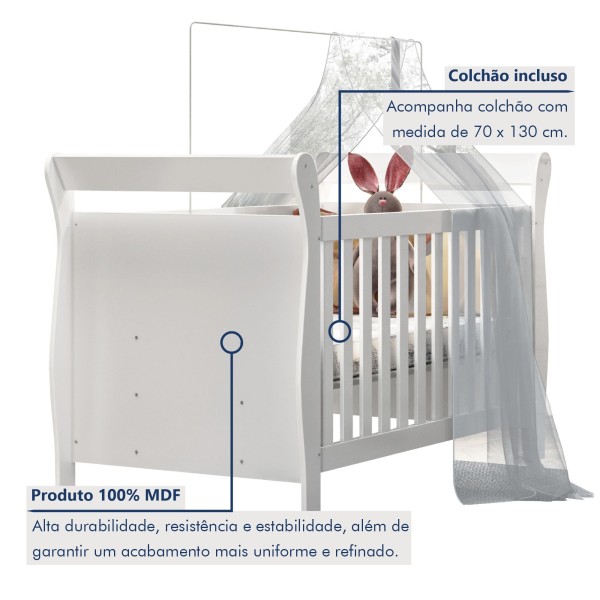 Encontraproduto.com.br - Berço Mini Cama 100% MDF com Colchão Slim Branco