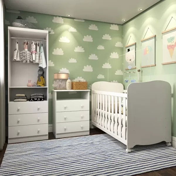 Encontraproduto.com.br - Quarto Bebê Completo Berço Guarda Roupa Cômoda Branco Brilho