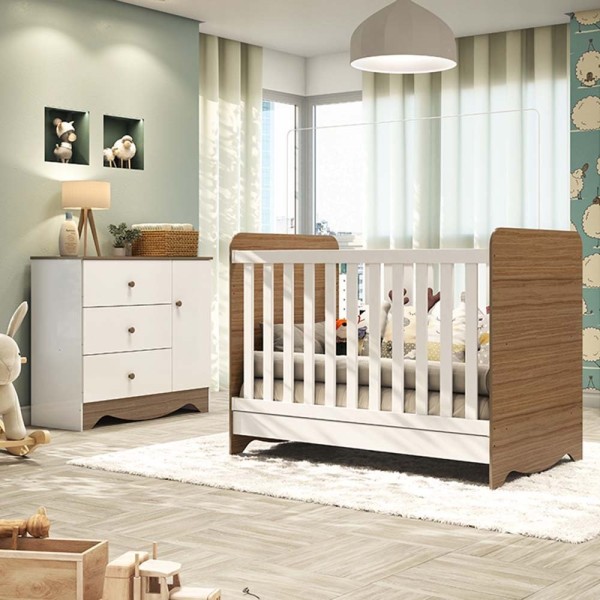 Encontraproduto.com.br - Quarto de Bebê com Cômoda 1 Porta e Berço Americano 3 em 1 Pirueta Espresso Móveis Branco Brilho/Carvalho