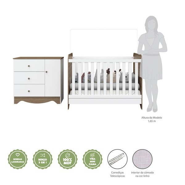 Encontraproduto.com.br - Quarto de Bebê com Cômoda 1 Porta e Berço Americano 3 em 1 Pirueta Espresso Móveis Branco Brilho/Carvalho