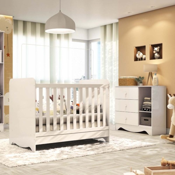 Encontraproduto.com.br - Quarto de Bebê com Cômoda 1 Porta e Berço Americano 3 em 1 Pirueta Espresso Móveis Branco Brilho