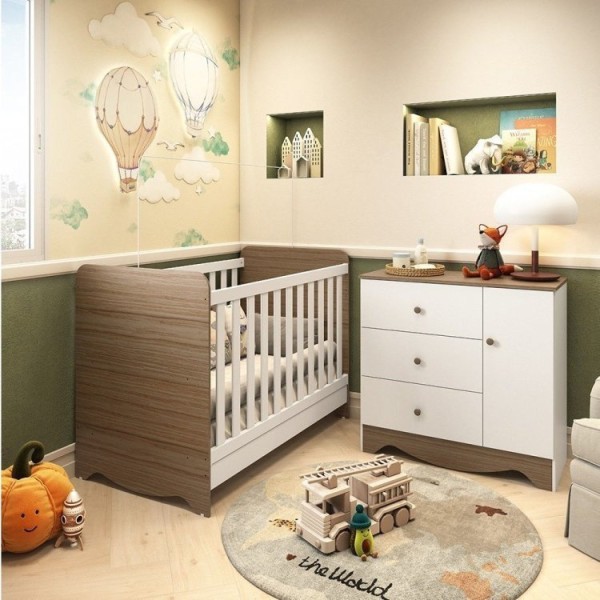 Encontraproduto.com.br - Quarto de Bebê Cômoda 3 Gavetas 1 Porta Berço Americano 3 em 1 Pirueta Espresso Móveis Branco Brilho/Carvalho
