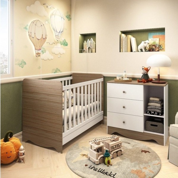 Encontraproduto.com.br - Quarto de Bebê Cômoda 3 Gavetas 1 Porta Berço Americano 3 em 1 Pirueta Espresso Móveis Branco Brilho/Carvalho