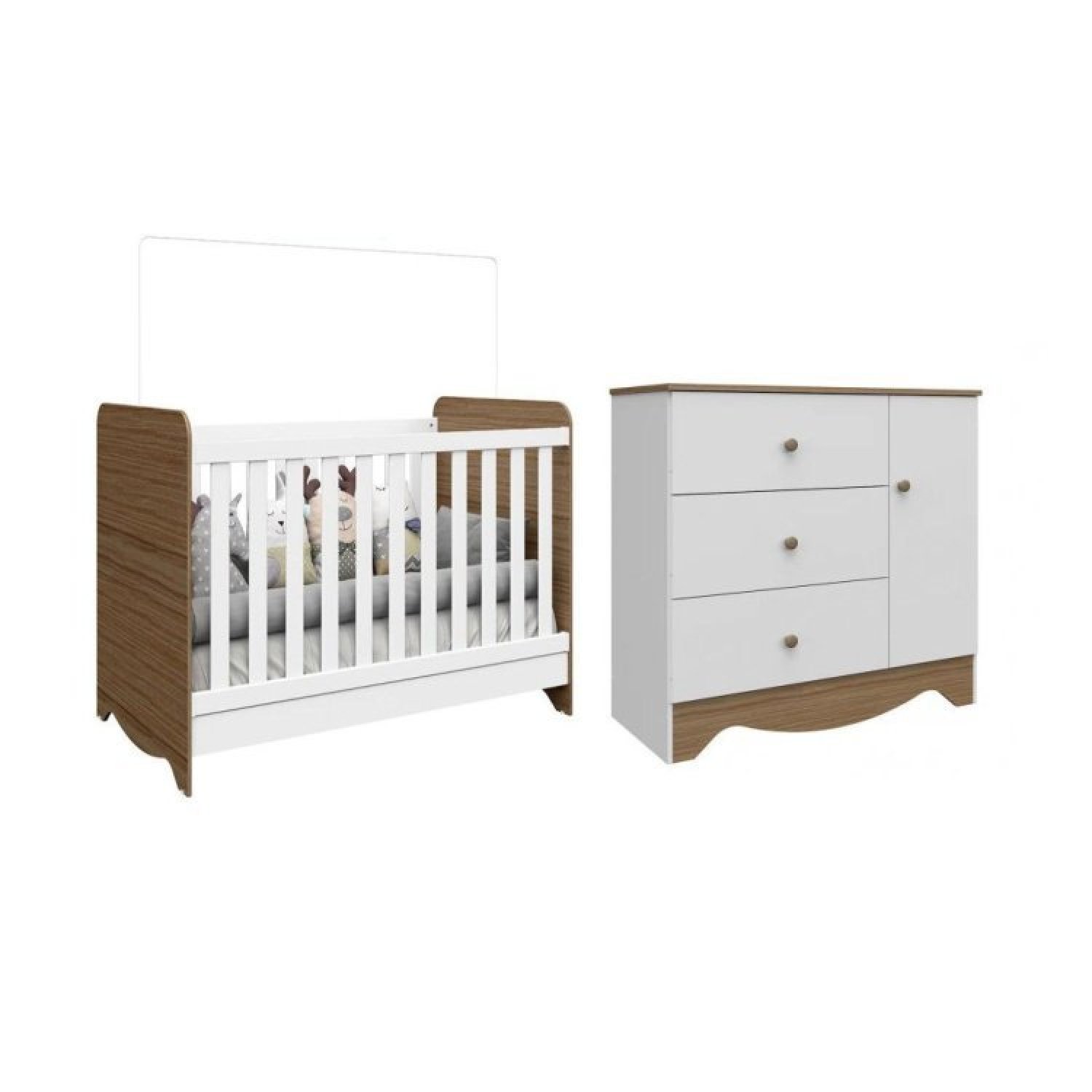 Encontraproduto.com.br - Quarto de Bebê Cômoda 3 Gavetas 1 Porta Berço Americano 3 em 1 Pirueta Espresso Móveis Branco Brilho/Carvalho